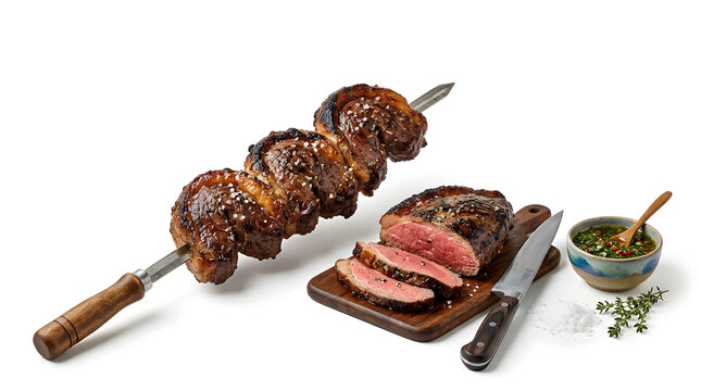 Brazilian churrasco skewers with sliced meat on wooden board