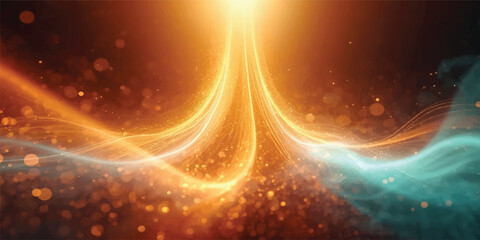 Abstract glowing cosmic space background with fractal nebula, stars, galaxy, sun and colorful energy light design in blue and orange tones © TANZUM AKTER