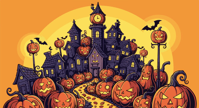 Spooky haunted house with Jack-o'-lanterns and bats under an orange sky