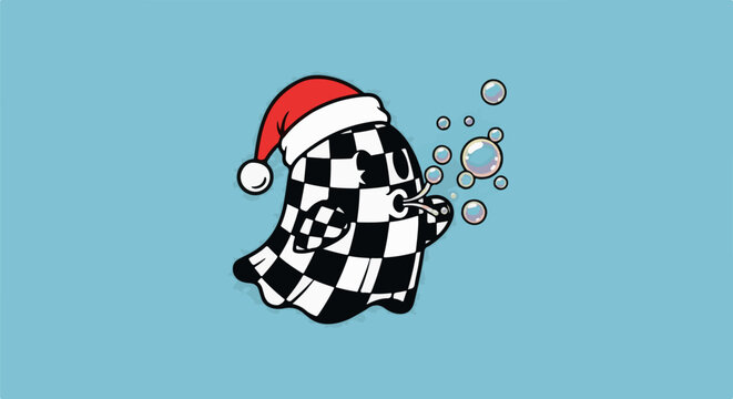 A checkered ghost wearing a Santa hat blows bubbles in a light blue background