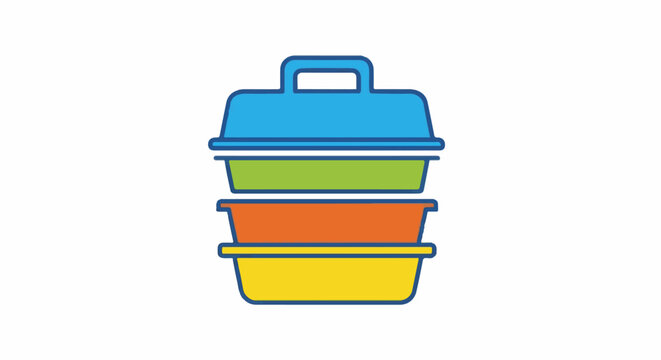Stacked food containers with blue lid, green, orange, and yellow bases