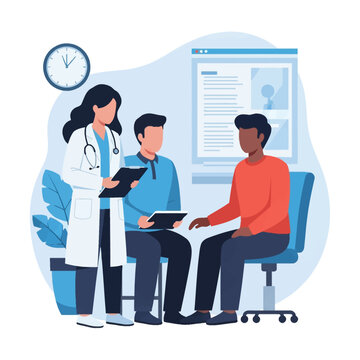 Vector illustration of a female healthcare professional in a white coat and stethoscope consulting with two male patients in a clinical setting with a wall clock and digital records.