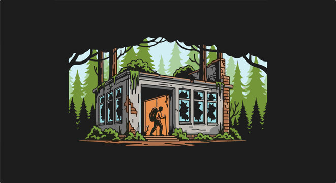 Hiker enters a dilapidated, vine-covered building amidst a dense forest
