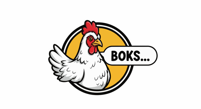 Cartoon chicken with a speech bubble that says "BOKS...