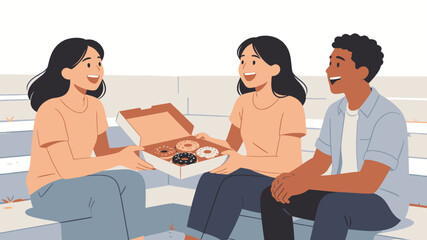 Obraz premium Friends sharing a box of donuts.