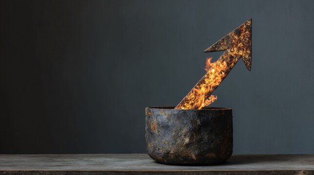 Textured arrow on fire erupts from a rough metal bowl