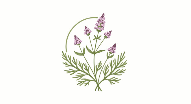 Delicate illustration of purple flower sprigs and feathery green foliage within a green arc