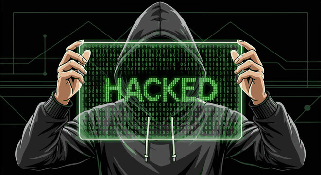 Person in hoodie holding a screen displaying "HACKED" in binary code against a digital backdrop
