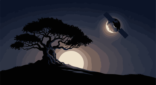 A pixelated silhouette of a gnarly tree and a satellite orbit a large moon