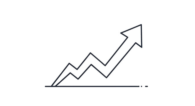 Minimalist black outline illustration of a rising zigzag arrow pointing upwards to indicate financial growth, business progress, and success on a plain white background.