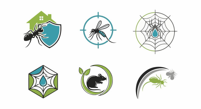 Six stylized icons depicting pest control solutions ant, mosquito, spider, rat, web