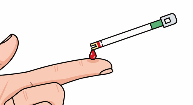 Illustration of finger pricking for blood drop collection for medical testing