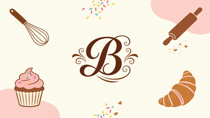 A charming illustration featuring baking elements like a cupcake, croissant, whisk, and rolling pin, centered around a decorative letter 'B'. © Sekar