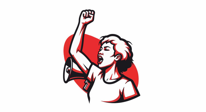 Woman holding megaphone and fist raised, shouting with passion