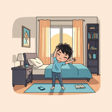 Kawaii chibi boy character stretching his body in a cozy bedroom with a bed, rug, and window. Features include a bookshelf, bedside lamp, smartphone, and open book on the floor.