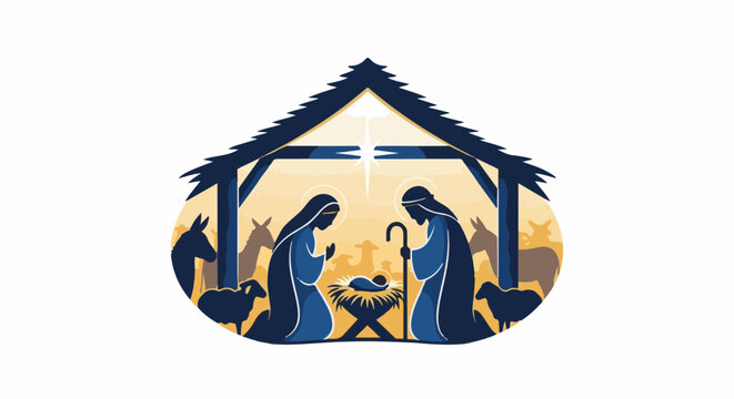 A nativity scene illustration depicting Mary, Joseph, and baby Jesus with animals under a starry sky within a stable