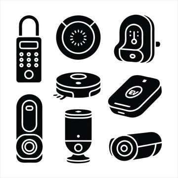 Black and white icons of various smart home security devices
