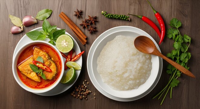 Authentic Papeda and Fiery Fish Curry Served with Fresh Herbs and Exotic Spices