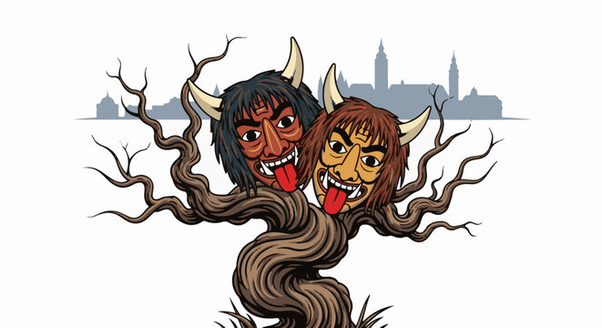 A twisted, barren tree trunk sprouts two grotesque, horned masks with tongues lolling out, against a city silhouette