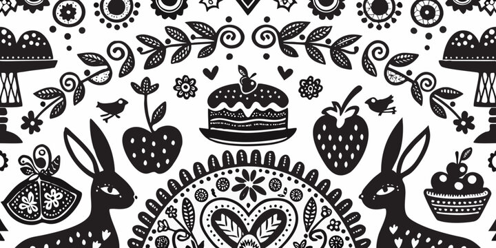 black and white seamless pattern with rabbits and fruits