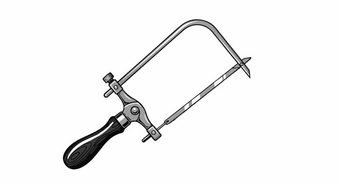 A metal frame saw with a dark wooden handle and a thin, toothed blade