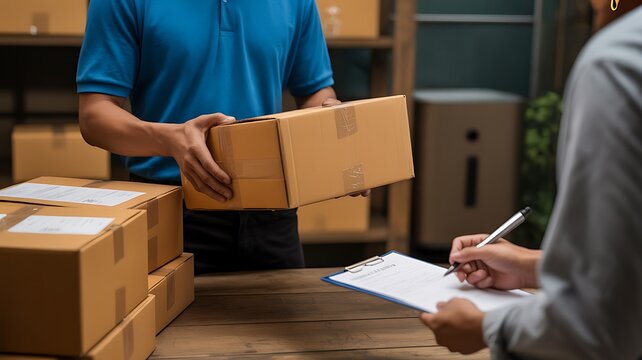 Courier delivering a packaged cardboard box to a customer signing a document for efficient shipping services