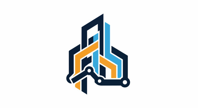 Geometric abstract logo with interlocking orange, blue, and dark blue lines