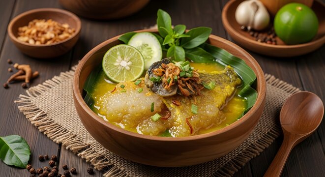 Traditional Papeda fish soup with fresh lime and aromatic herbs a delicious Indonesian culinary experience