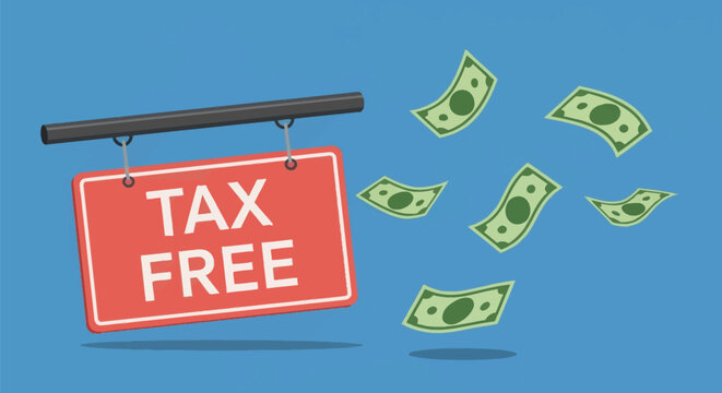 Flat vector illustration featuring a red rectangular sign hanging from a black bar with white text TAX FREE and several green paper banknotes flying against a blue background.