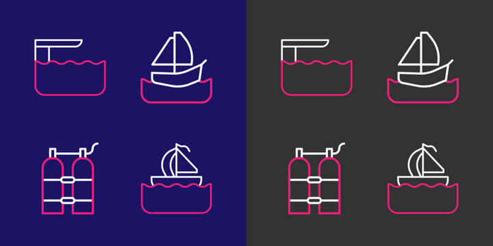 Set line Yacht sailboat, Aqualung, and Diving board or springboard icon. Vector