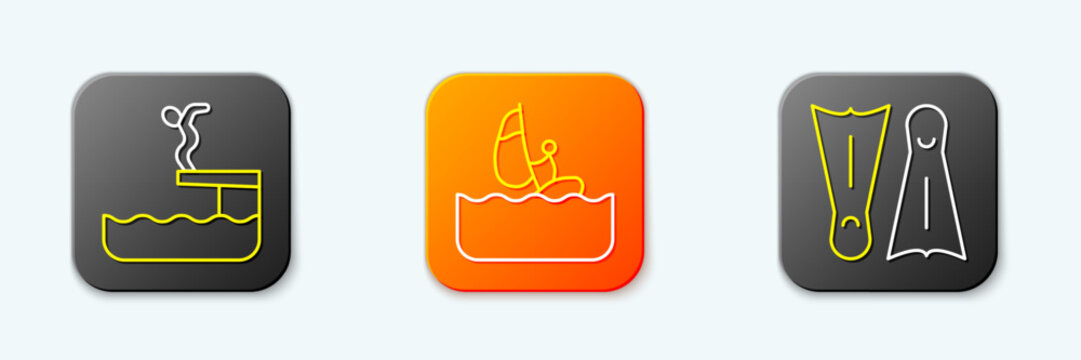 Set line Swimmer diving into pool, Windsurfing and Flippers for swimming icon. Vector