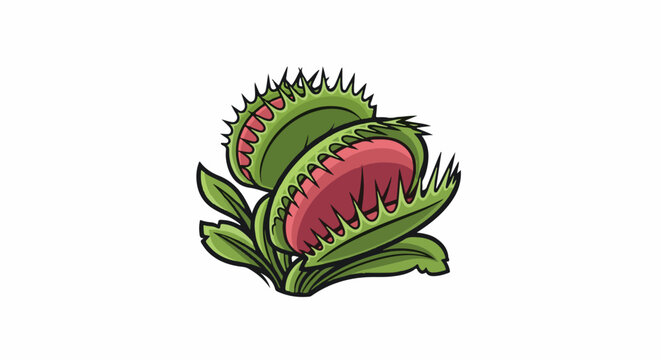 A cartoon Venus flytrap with green leaves and red interior, outlined in black