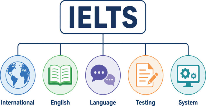 IELTS Infographic Explaining International English Language Testing System. Professional Vector Illustration for Education, Exam Preparation, Study Abroad, and Language Proficiency Skills.