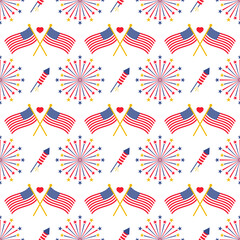 Obraz premium Independence Day Seamless Pattern featuring American Flags and Fireworks. Patriotic American Holiday Theme vector illustration