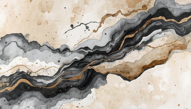 Imperfect watercolor pattern abstract alcohol ink painting with flowing black grey and gold liquid marble texture for luxury interior design