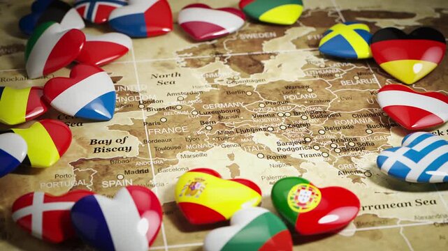 Map of Europe and hearts with flags of european countries. Travel and tourism concept. 3d animation