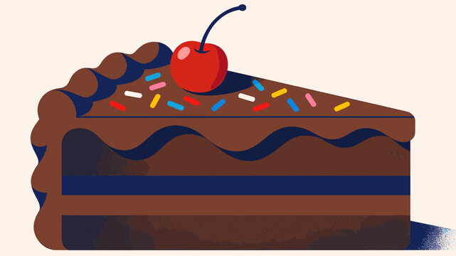 A delicious slice of chocolate cake with colorful sprinkles and a cherry on top, presented against a plain background.