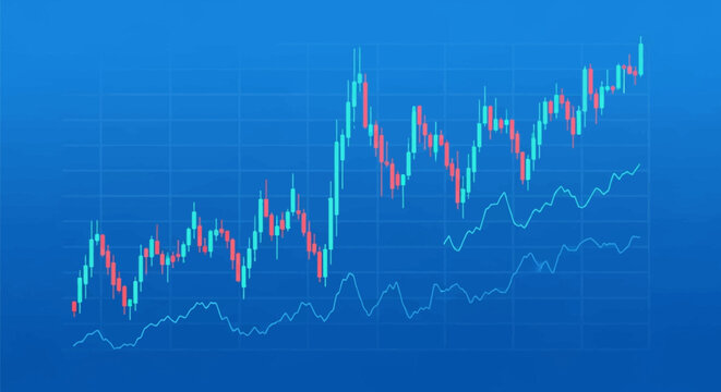 Financial stock market data chart featuring red and teal Japanese candlesticks and blue trend lines on a gradient background for investment analysis and trading concepts.
