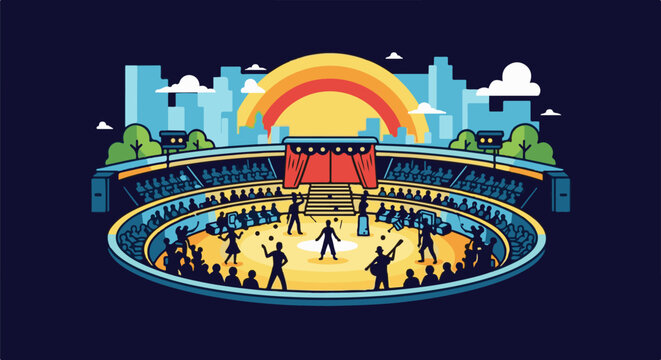 A vibrant pixel-art illustration of a circus performance in a stadium under a colorful sunset and city skyline