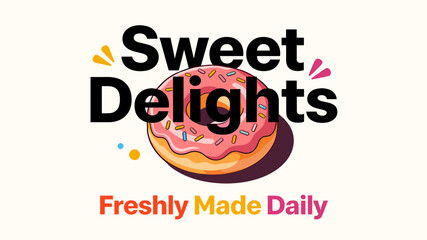 Fototapeta premium Sweet Delights: A visually appealing logo featuring a pink-frosted donut with colorful sprinkles, accompanied by the tagline 