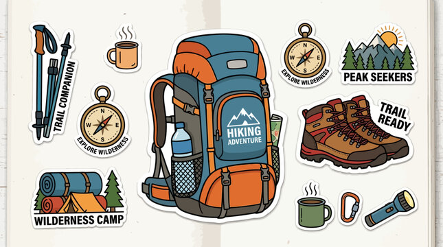 Outdoor hiking adventure emblem with camping backpack and boots for exploring wild nature and mountain trails