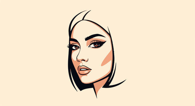 A striking pop art illustration of a woman's face with dramatic makeup and dark hair