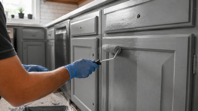 Worker painting kitchen cabinets with gray paint using a roller. Concept of kitchen renovation, furniture makeover, interior restoration and home improvement.