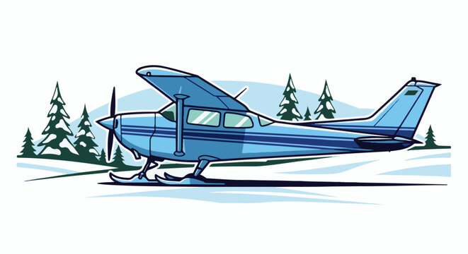A blue ski plane sits on a snowy landscape with pine trees in the background