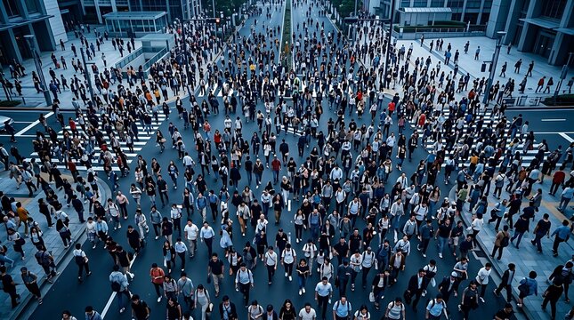 Aerial view of a large crowd of people crossing a busy city street