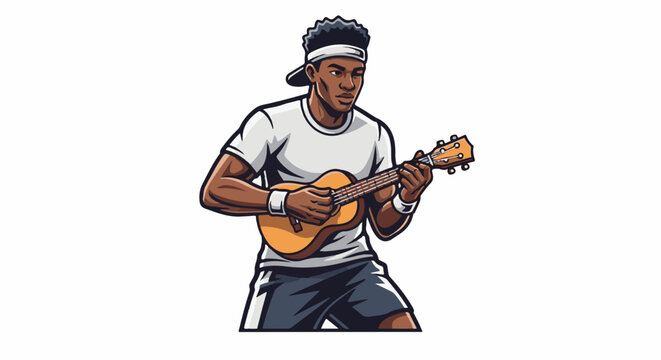 A young man with dark curly hair wears a white t-shirt, shorts and a backwards cap, playing a ukulele