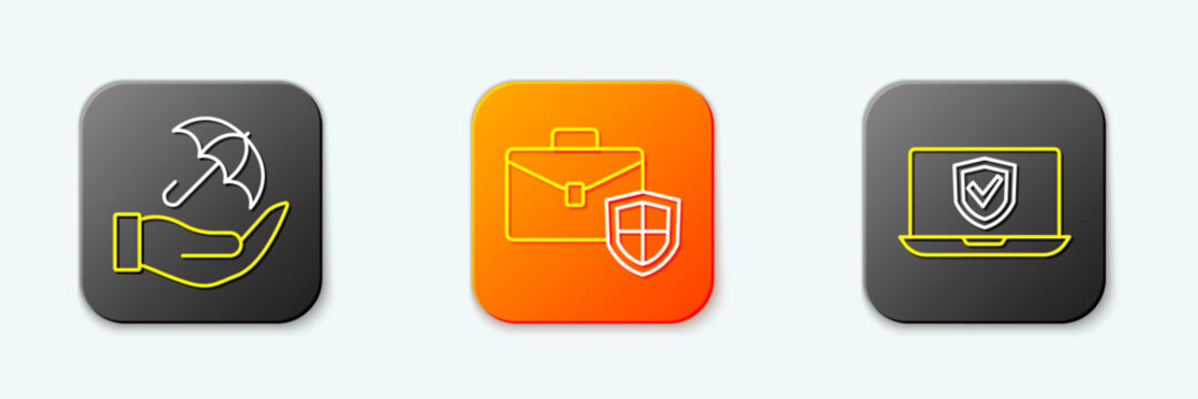 Set line Umbrella in hand, Briefcase with shield and Insurance online icon. Vector
