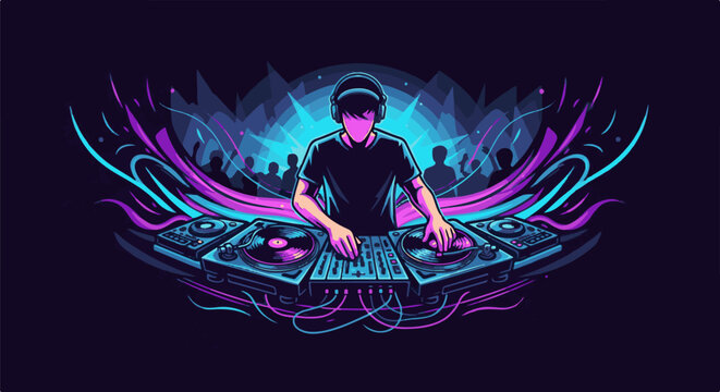 A pixelated DJ in headphones plays music at a vibrant club with energetic lights and a dancing crowd