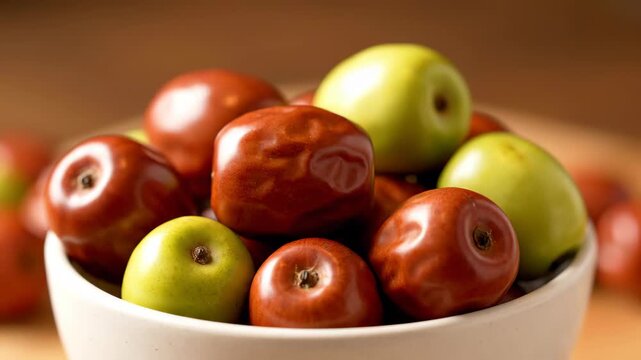 Take the red dates in the bowl with your hands and select the red and green fresh dates with your hands