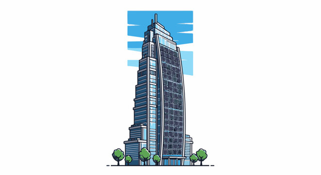 A tall, modern pixel-art skyscraper with tiered setbacks, glass windows, and trees below a blue sky